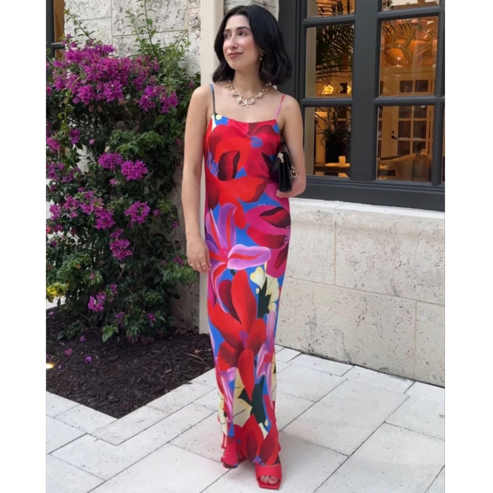 *SOLD* Farm Rio Watercolor Floral Slip Satin Maxi Dress Floral Blue Small NEW - Picture 4 of 15